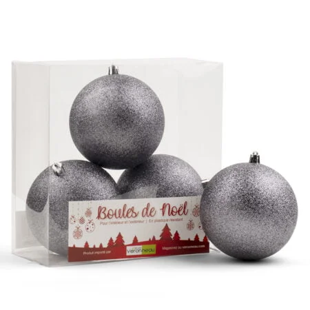 Box of glittery pewter Christmas balls, 4-6