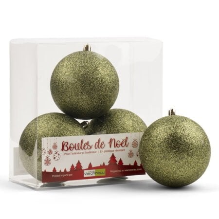 Box of sparkling green Christmas ball ornaments, 4-6'' - Décors Véronneau