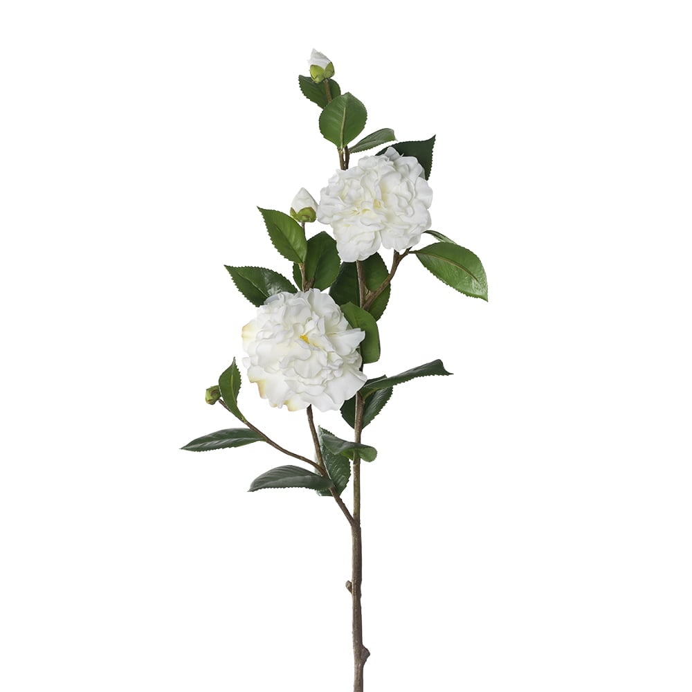 Branche de fleurs de camélia blanc artificiel au toucher réel, 36" - Décors Véronneau