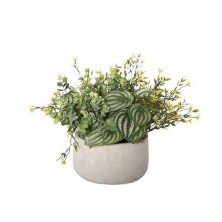 Artificial peperomia and yellow flower outdoor centerpiece, 13 x 13''