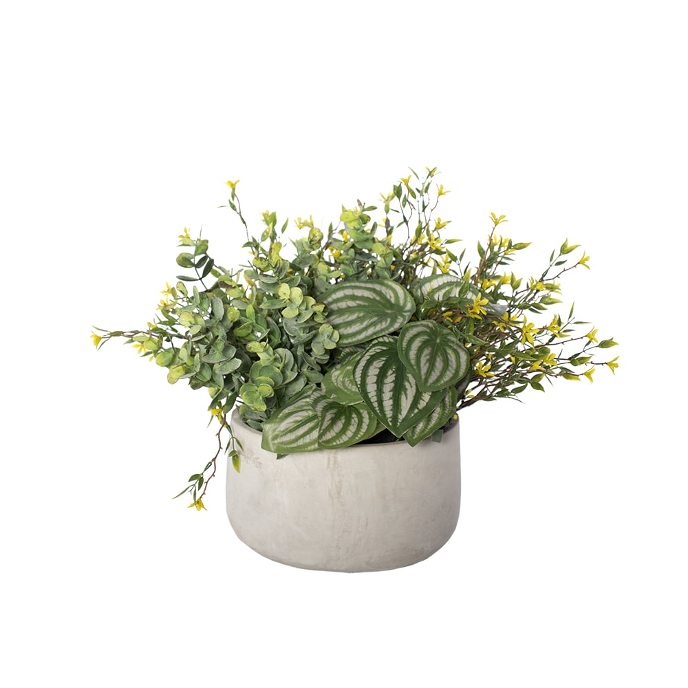 Artificial peperomia and yellow flower outdoor centerpiece, 13 x 13'' - Décors Véronneau
