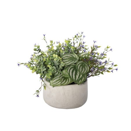 Artificial peperomia and purple outdoor flower centerpiece, 13 x 14''