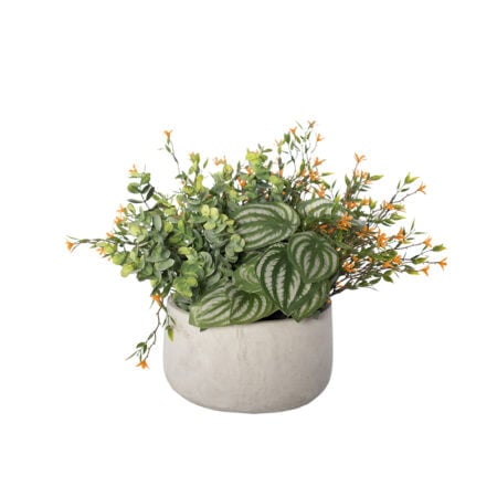 Artificial peperomia and orange outdoor flower centerpiece, 13 x 14''