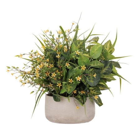 Outdoor centerpiece of small yellow flowers and mixed foliage, 14 x 16''