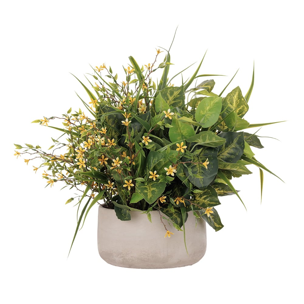 Outdoor centerpiece of small yellow flowers and mixed foliage, 14 x 16'' - Décors Véronneau