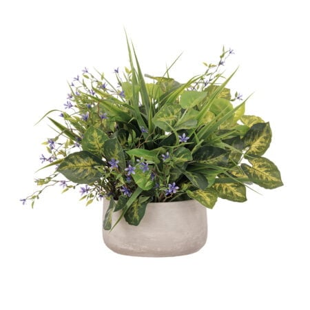 Outdoor centerpiece of small purple flowers and mixed foliage, 14 x 16''