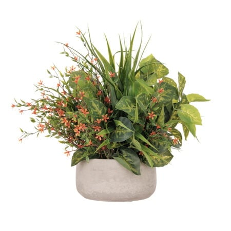 Centerpiece with small orange flowers and foliage, 14 x 16''