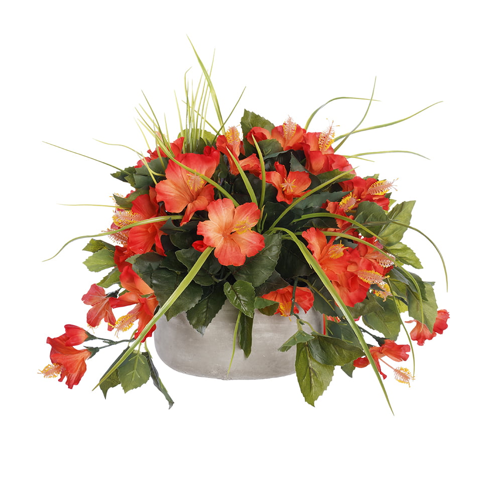 Artificial orange hibiscus outdoor centerpiece, 14 x 20" - Décors Véronneau