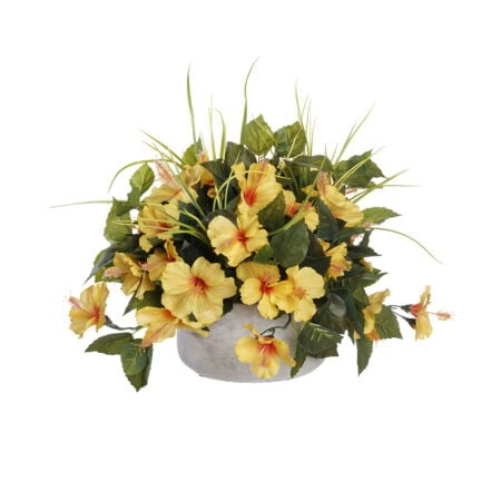 Artificial yellow hibiscus outdoor centerpiece, 14 x 20
