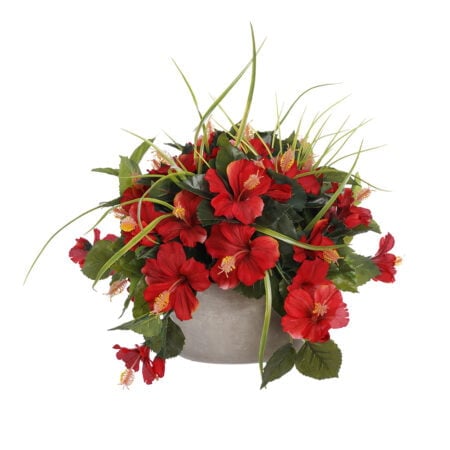 Artificial red hibiscus outdoor centerpiece, 14 x 20