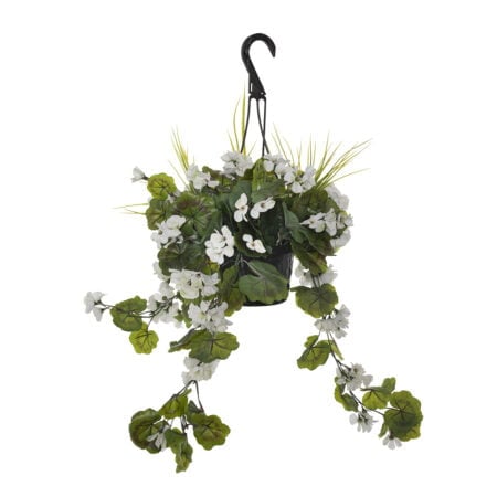 Outdoor hanging planter of white geranium, 18 x 16
