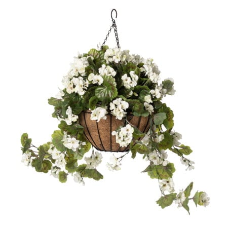 White geranium outdoor hanging flower basket, 24 x 22
