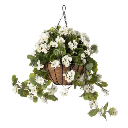 White geranium outdoor hanging flower basket, 24 x 22