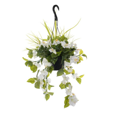 Jardinière suspendue d'hibiscus blanc artificiel, 18 x 16" - Décors Véronneau