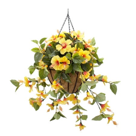 Yellow hibiscus outdoor hanging flower basket, 24 x 22
