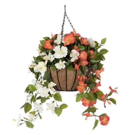 Orange & white hibiscus hanging flower basket, 24 x 22