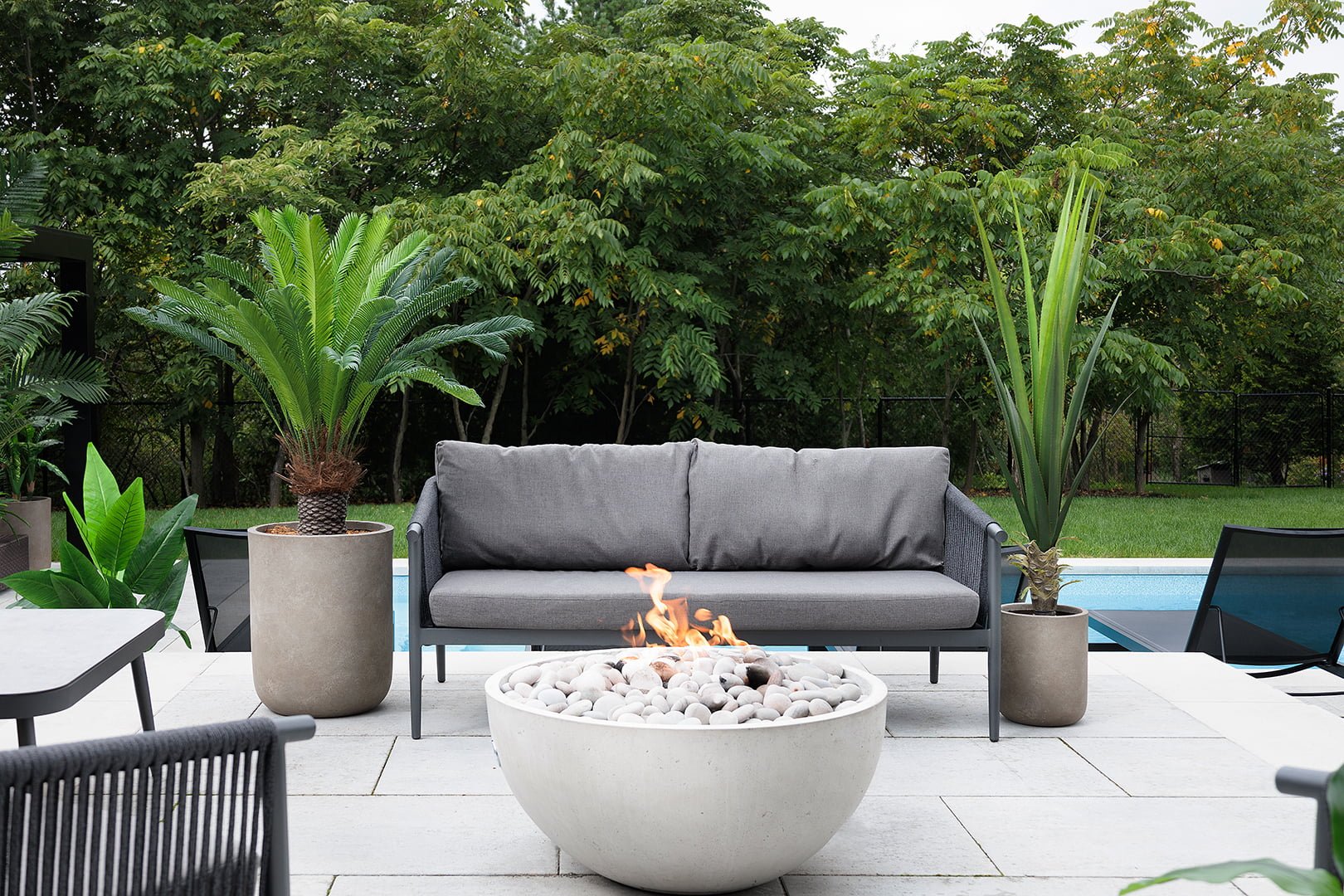 Terrasse avec agave et palmier cycas - Décors Véronneau