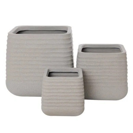 Textured beige recycled polypropylene planter with grey terrazzo finish