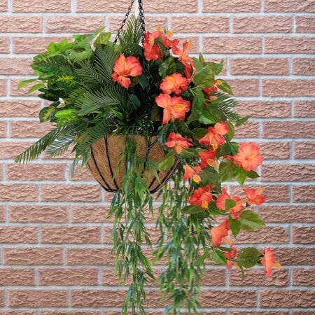 Panier suspendu artificiel de cycas et hibiscus orange, 36 x 22'' - Décors Véronneau