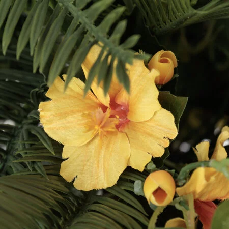 Artificial cycas and yellow hibiscus hanging arrangement, 36 x 22'' - Décors Véronneau
