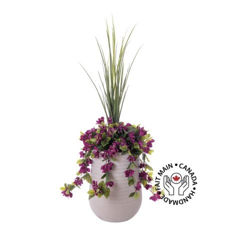 Jardinière de bougainvillier mauve artificiel en pot beige fini terrazzo gris, 55''