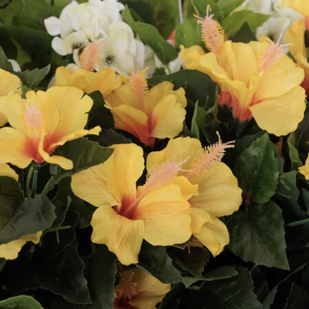 Artificial hanging planter, yellow hibiscus and geranium, 38 x 42'' - Décors Véronneau