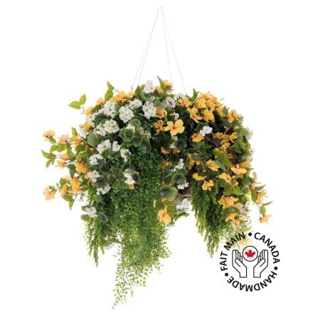 Jardinière suspendue artificielle, hibiscus jaune et géranium, 38 x 42''