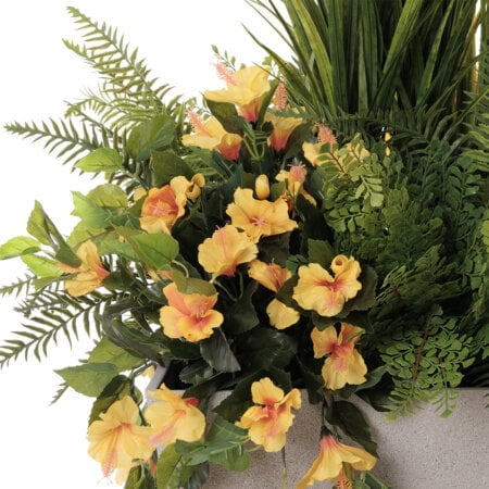 Arrangement extérieur artificiel, herbes et hibiscus jaune, 42 x 25'' - Décors Véronneau