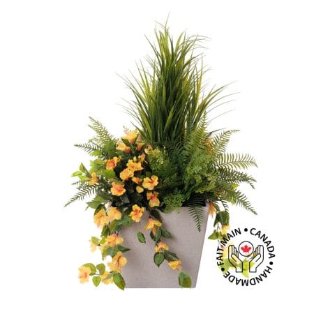 Arrangement extérieur artificiel, herbes et hibiscus jaune, 42 x 25''