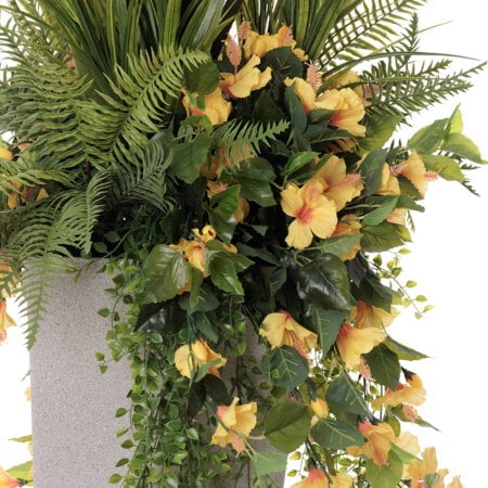 Grand vase extérieur d'hibiscus jaune et feuillages artificiels, 76 x 25'' - Décors Véronneau