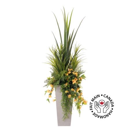 Grand vase extérieur d'hibiscus jaune et feuillages artificiels, 76 x 25''