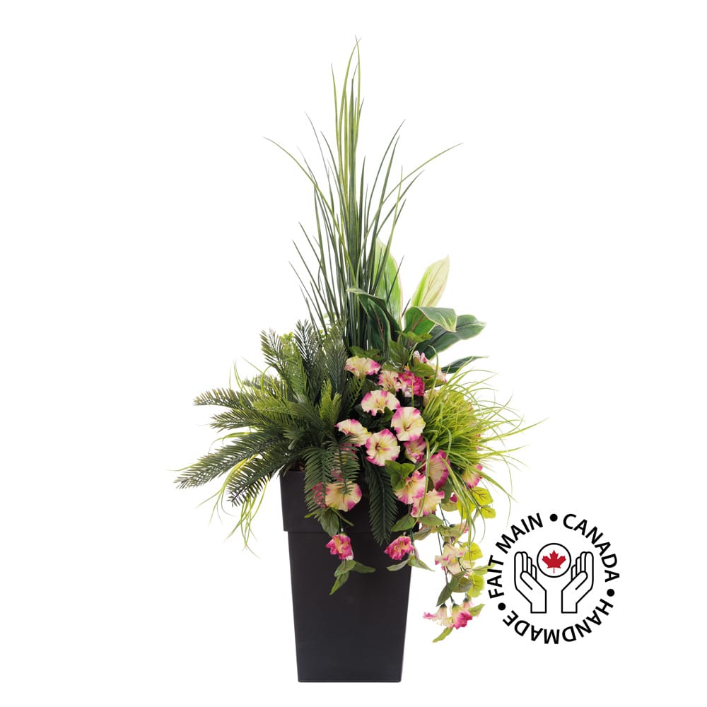 Outdoor artificial pink petunia and cordyline planter, 57'' - Décors Véronneau