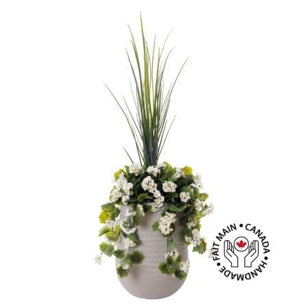 Jardinière de géranium blanc artificiel en pot beige fini terrazzo gris, 55''