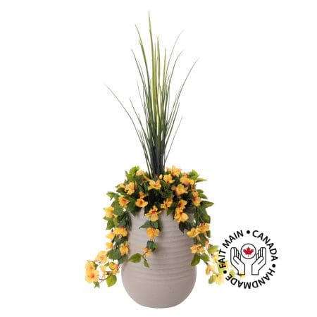 Jardinière d'hibiscus jaune artificiel en pot beige fini terrazzo gris, 55''