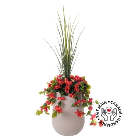 Jardinière d'hibiscus rouge artificiel en pot beige fini terrazzo gris, 55''