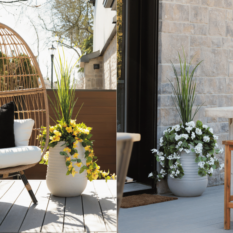 Jardinière d'hibiscus jaune et géranium blanc - Décors Véronneau