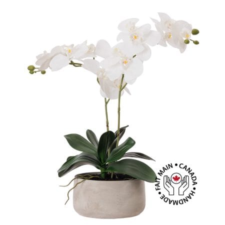 Artificial white orchid in a cement pot