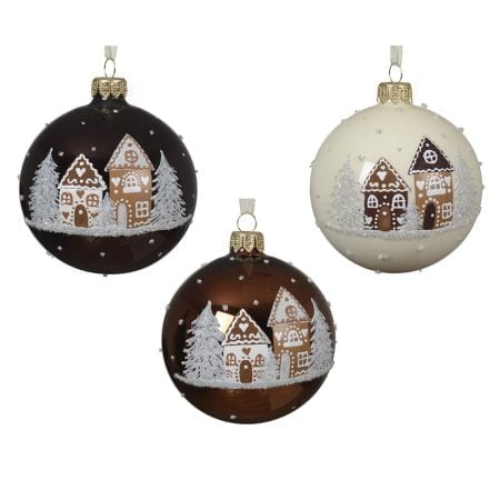 Enameled Christmas bauble with gingerbread house, 3''