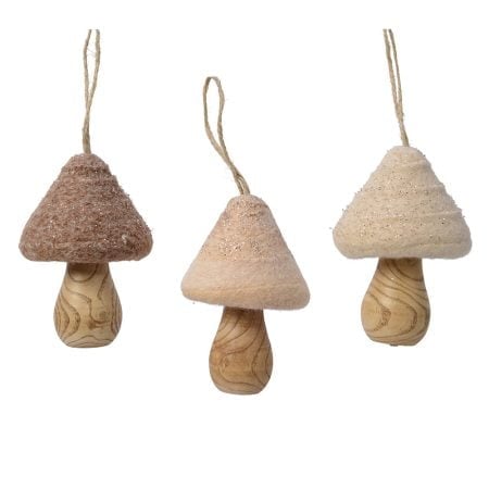 Mushroom wool and wood Christmas ornament, 4''