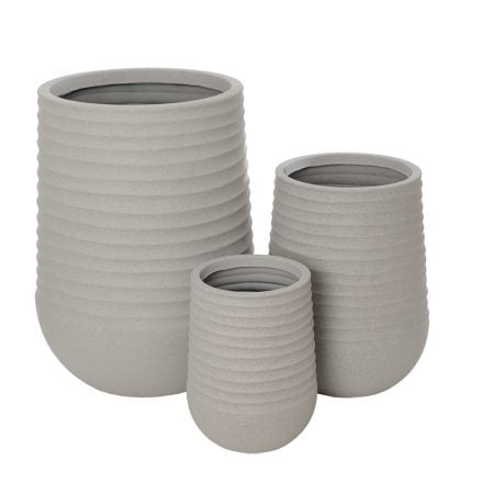 Tall beige textured recycled polypropylene planter with grey terrazzo finish
