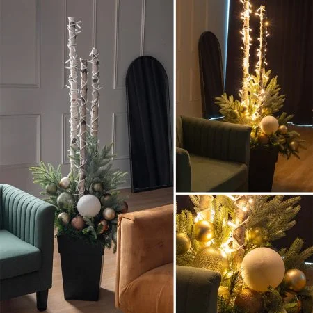 Arrangement de Noël extérieur, bouleaux et ornements chics, 71 x 18'' - Décors Véronneau