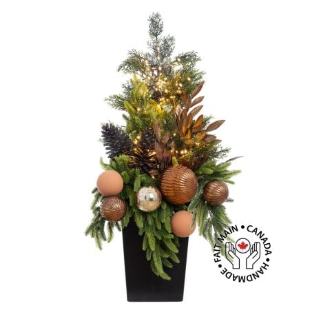 Sapin de cèdre et boules de Noël cuivre en pot, 45 x 18''