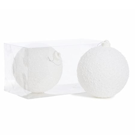 Box of 2 white snow ball Christmas ornaments, 6'' - Décors Véronneau
