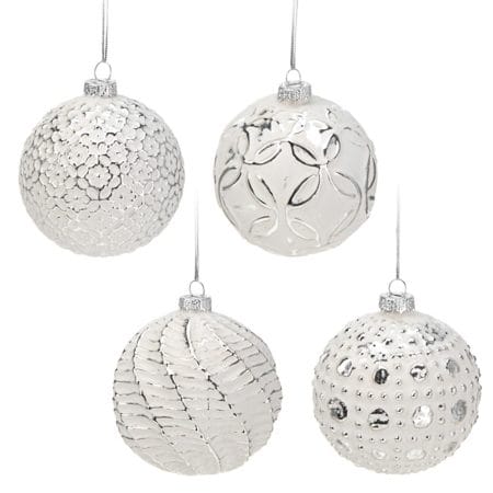 Boule de Noël blanche et argent en verre, 3''