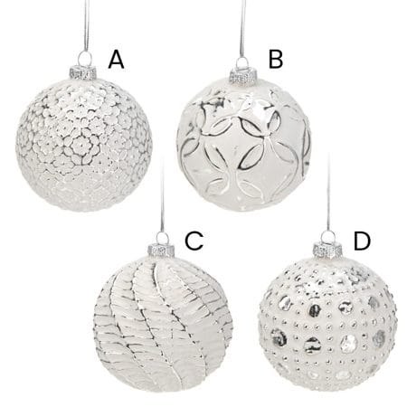 Boule de Noël blanche et argent en verre, 3'' - Décors Véronneau