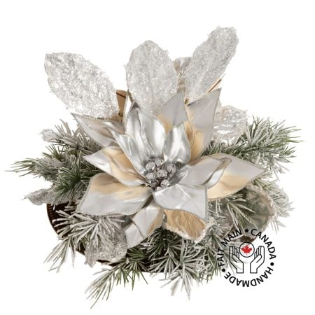 Flocked pine and poinsettia Christmas centerpiece, 10 x 16''