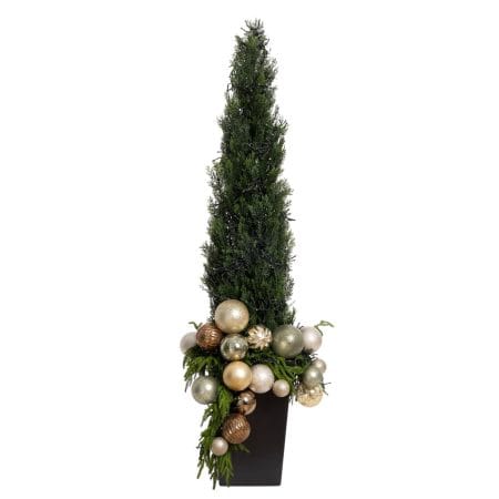 Cedar arrangement with mixed Christmas baubles, 70 x 21