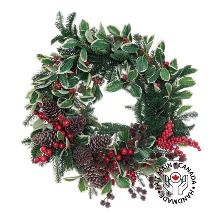 Holly Christmas wreath of pinecones and berries, 21 x 6''