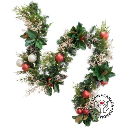 Red ball and magnolia decorated Christmas garland, 7 x 108''