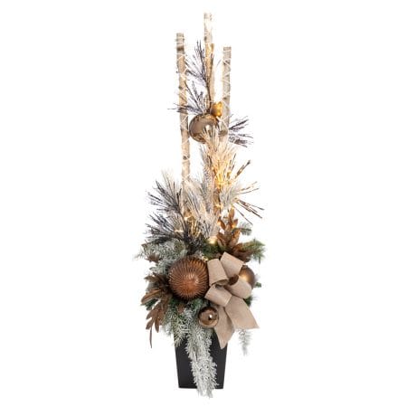 Outdoor birch arrangement with bow, 72 x 23''